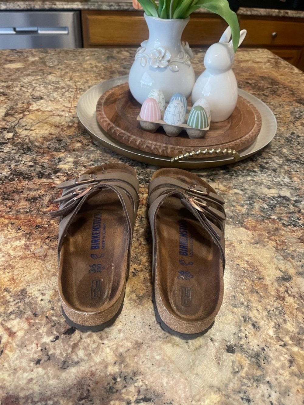 Birkenstock Brown Triple-Strap Suede Slide Sandals - Picture 4 of 6